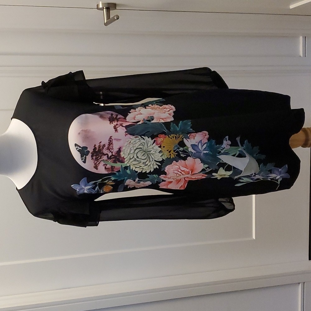 Yumi Dress Butterfly Floral Front Design Sheer Bell Sleeves LBD